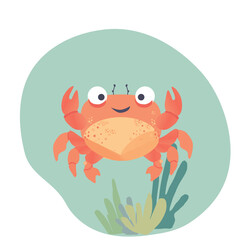 Cute crab with seaweeds,cartoon character  vector illustration