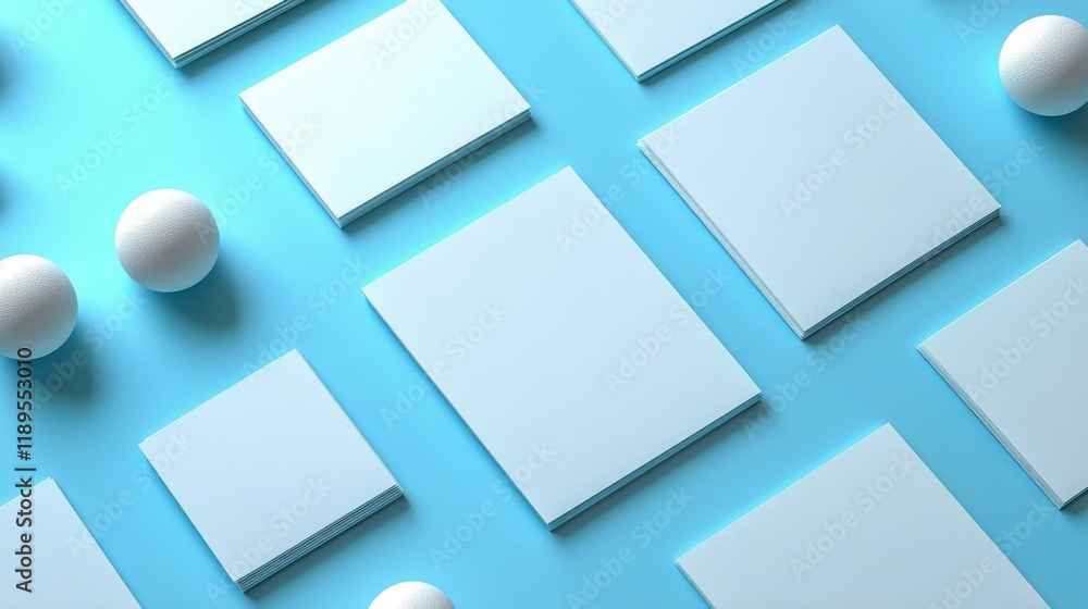 Poster stacks of blank paper sheets arranged neatly on a blue surface for creative projects or note-taking