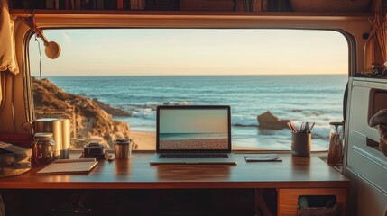 Fototapeta premium Laptop on desk in van overlooking ocean.