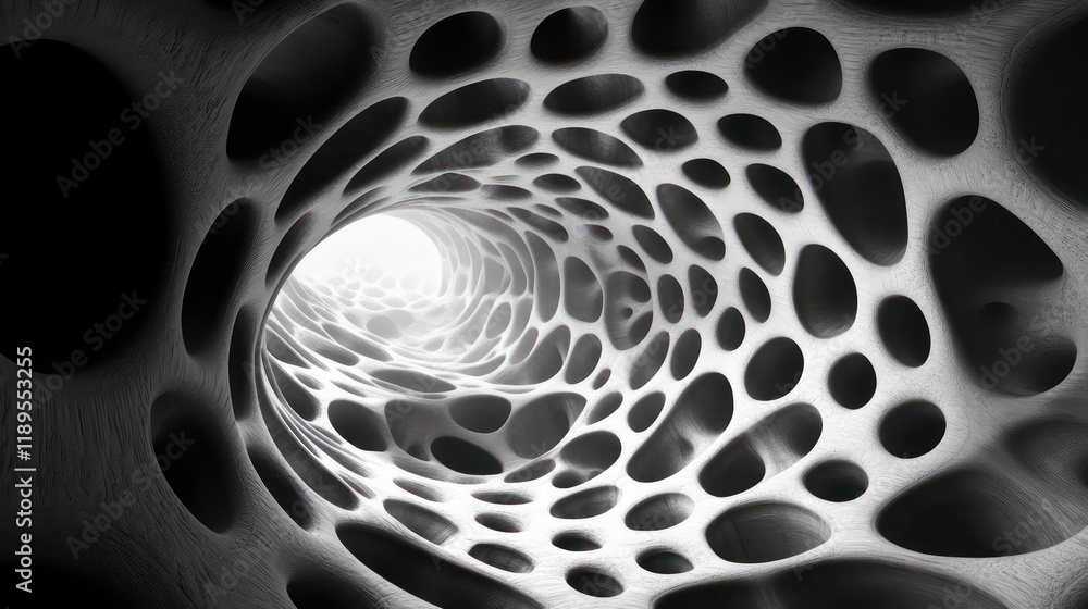 Poster abstract grayscale image of a tunnel with a porous, organic texture and a bright light at the end.