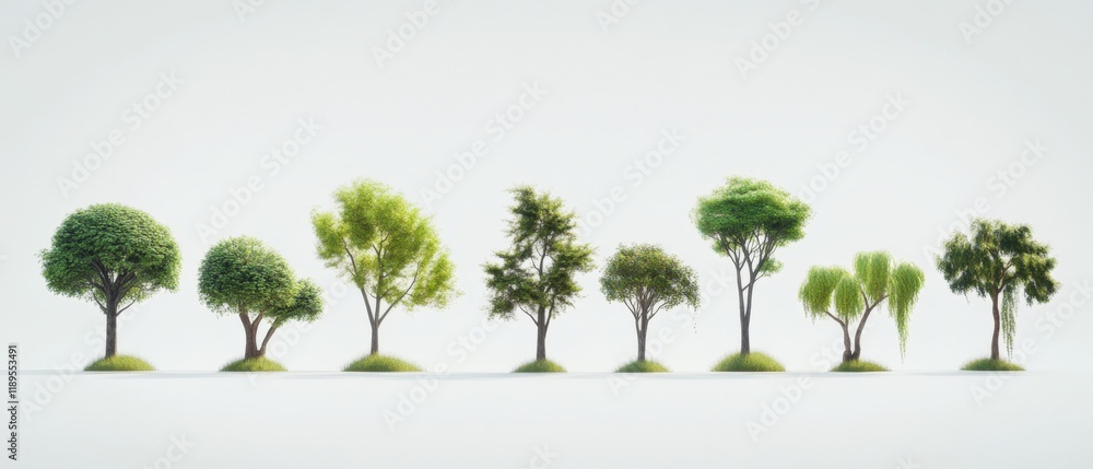 Wall mural a row of various types of trees on a white background
