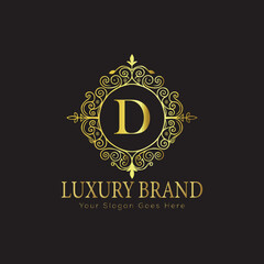 Letter Luxury brand logo design with a royal gold crown emblem and elegant typography
