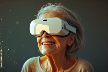 Image of smiling aged female watching video in VR headset