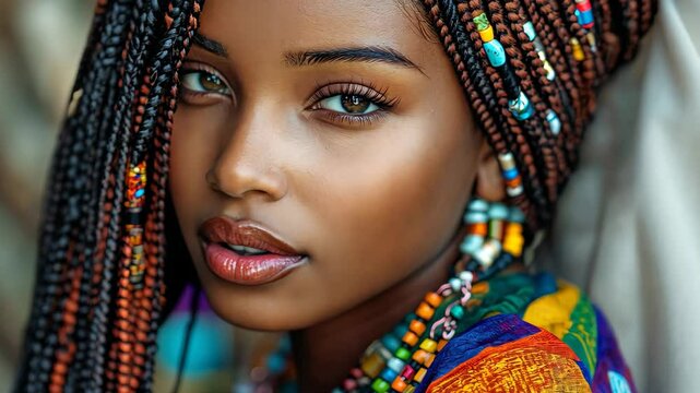 African model showcases vibrant braided hairstyle adorned with colorful beads in a natural setting, African model with braided hair, wearing colorful beads and scarf