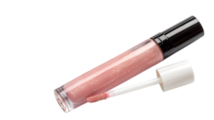 A tube of shimmering pink lip gloss with a doe-foot applicator, isolated on a transparent background. The glossy finish and visible shimmer particles create a luxurious and inviting aesthetic.