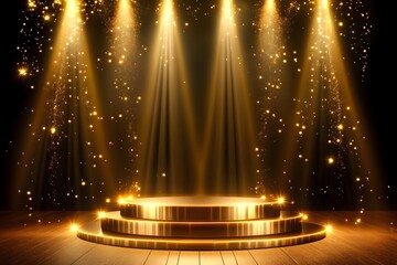 Podium with golden light lamps background. Golden light award stage with rays and sparks, Generative Ai