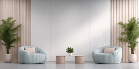 A white wall with two chairs and a table in front of it