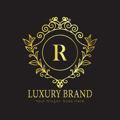 Letter Luxury brand logo design with a royal gold crown emblem and elegant typography
