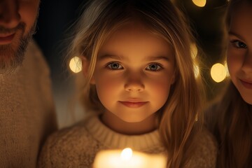 A young girl is holding a candle in front of a man and a woman