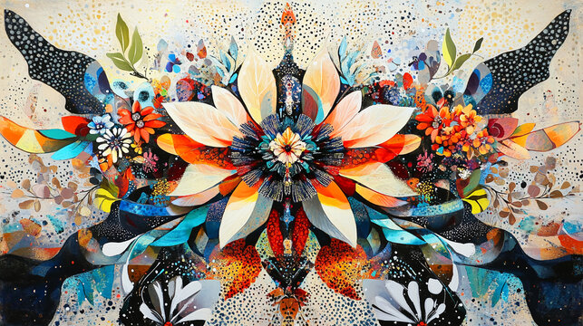 Abstract floral artwork with vibrant petals and intricate geometric patterns