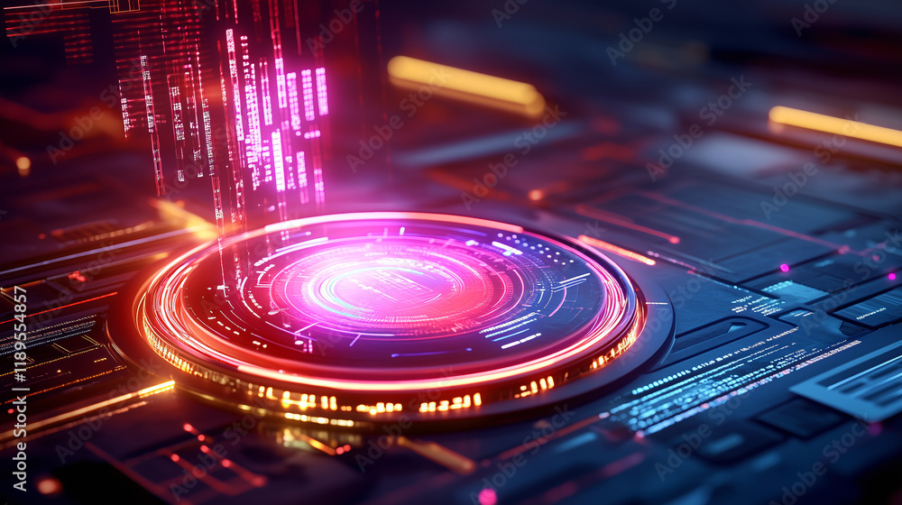 Poster vibrant digital interface with glowing elements and patterns