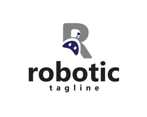 creative robot shadow inside letter r, logo design