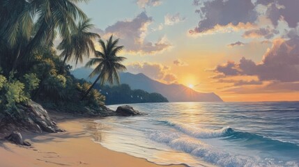 Tropical beach sunset paradise. Lush palm trees frame a tranquil shoreline at golden hour.