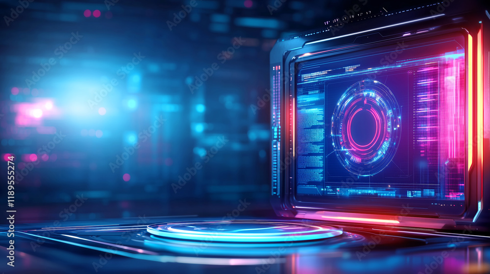 Poster digital interface with colorful lights and circular design