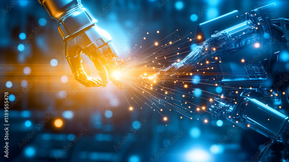 Poster robotic hands creating a spark of innovation in technology