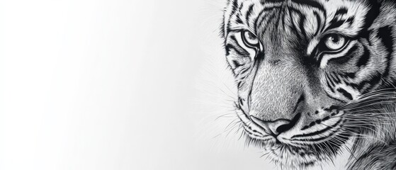 black and white drawing of a tiger's face