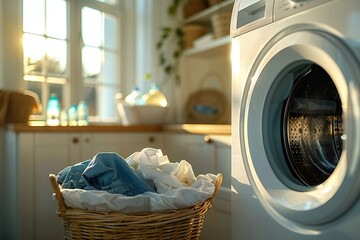 close-up shot of an empty washing machine with a pile of dirty clothes in a basket at a laundry room.