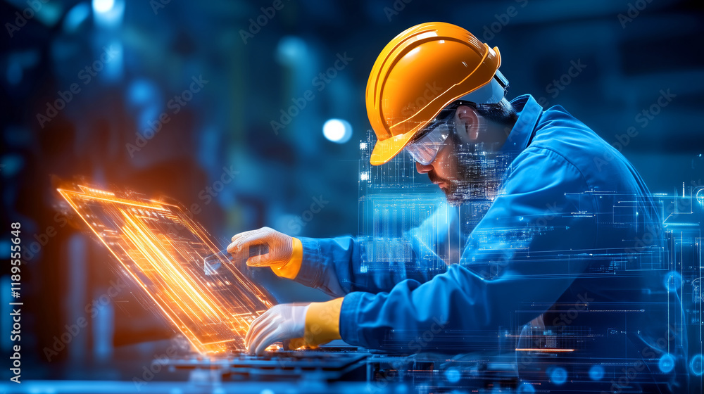 Poster worker using advanced technology in industrial setting