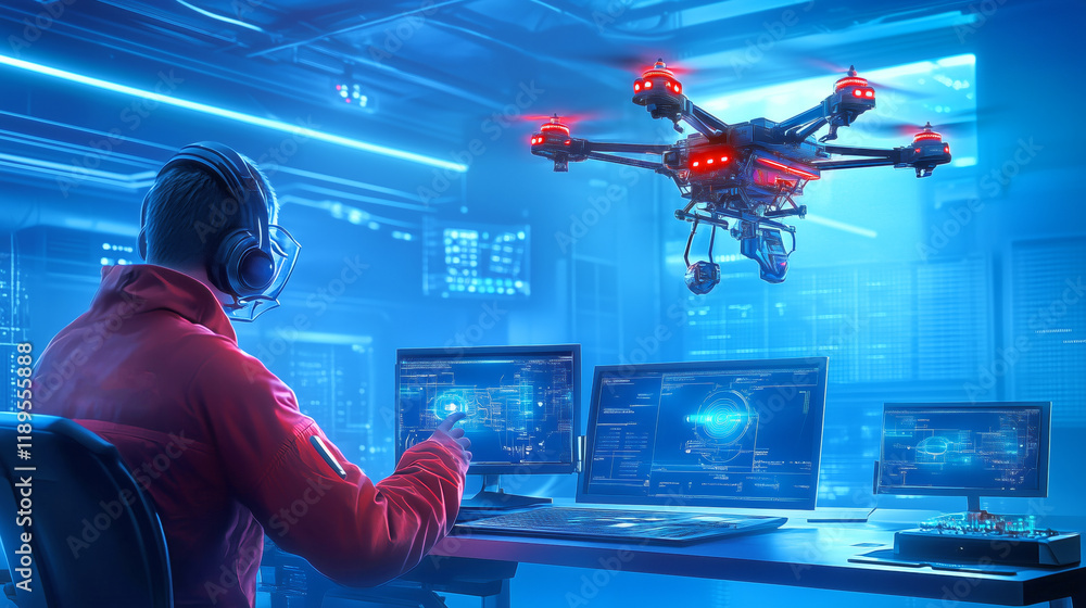 Poster operator controls drone in high-tech control room setting