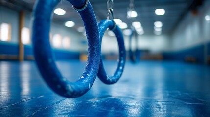 Blue gym rings hang low in a well-lit training facility during evening practice sessions for athletes