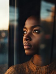 An African American woman gazes thoughtfully out of a window as the warm hues of sunset embrace her surroundings, symbolizing strength and resilience in Black History Month