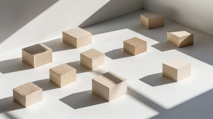 Fototapeta premium Wooden blocks scattered on white surface, illuminated by sunlight casting shadows.