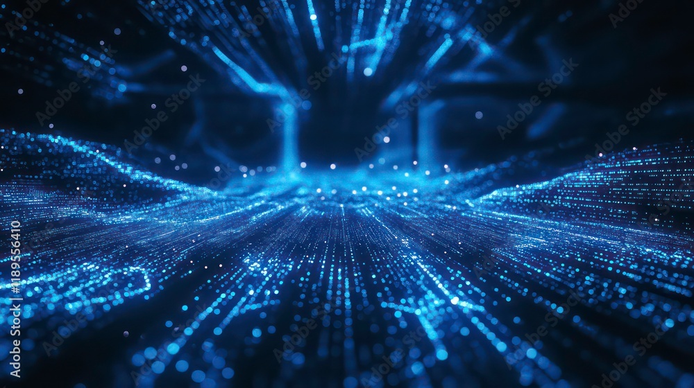 Poster abstract blue digital particles converging into a futuristic pathway.