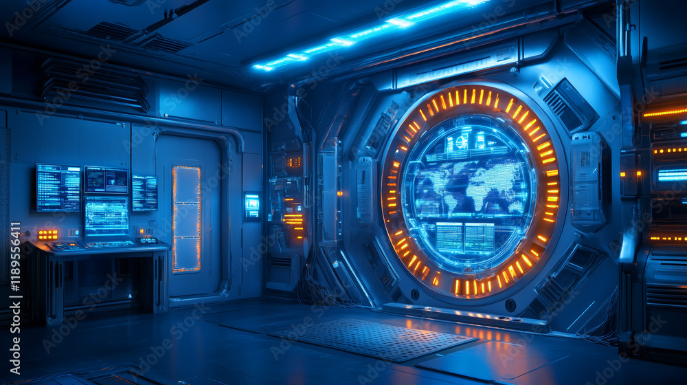 Poster high-tech futuristic control room with glowing interfaces