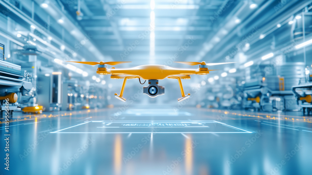 Poster yellow drone hovering in a futuristic industrial setting