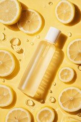 A refreshing and invigorating scene of citrus slices and two bottles of citrus juice, evoking feelings of warmth and vitality.
