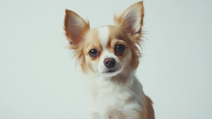 a small tan and white chihuahua with big ears looks directly at the camera