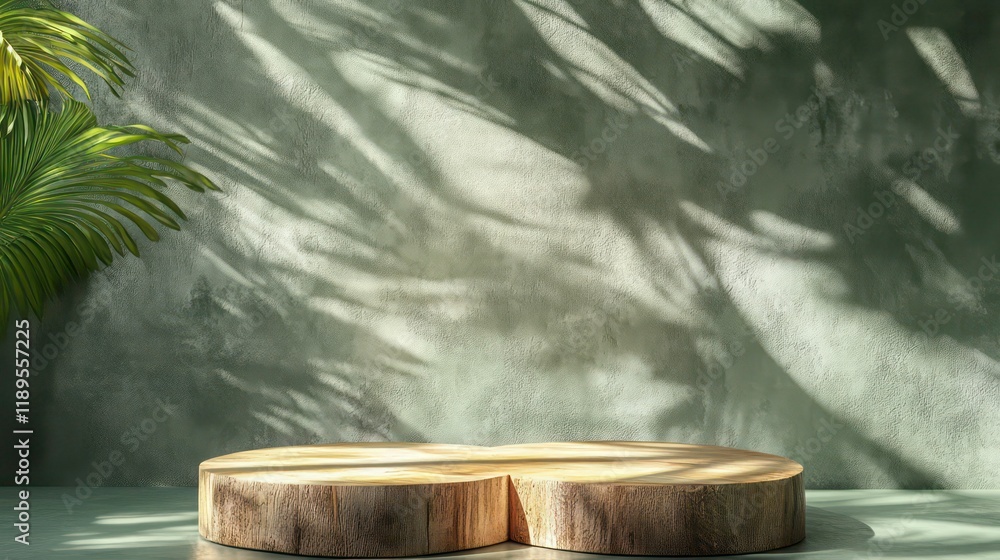 Aufkleber wooden display stand on green textured background with palm leaf shadow.