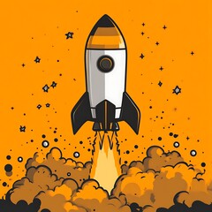A stylized rocket launching into space amidst orange clouds