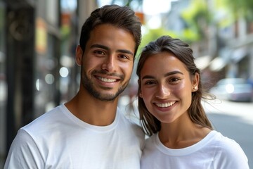 : A close-up shot of a smiling young couple standing on a city street, wearing plain white t-shirts and exuding a casual and happy vibe.