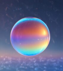 Obraz premium Iridescent rainbow filling a small, shimmering bubble floating in mid-air amidst a subtle gradient of blue and orange hues, bright, iridescent colors