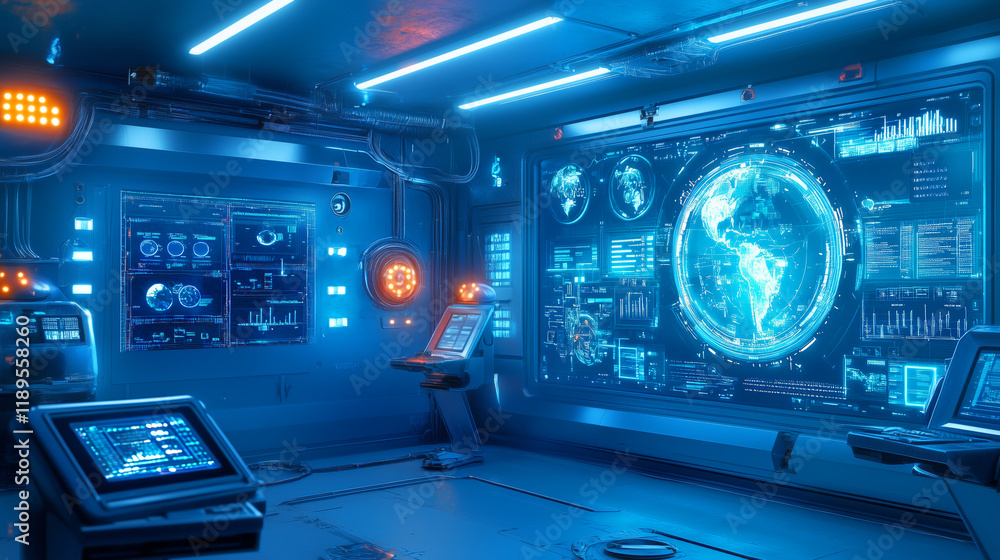 Poster high tech control room with digital interfaces and global map