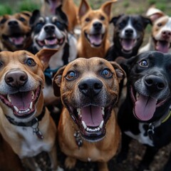 A group of happy dogs looking up