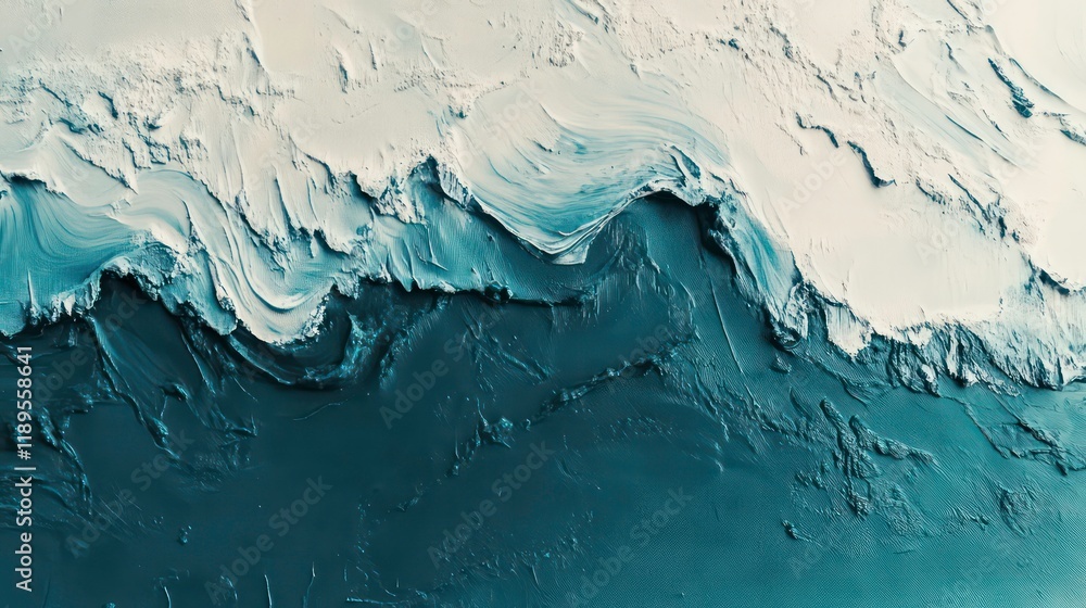 Poster abstract textured art painting with teal and white wave patterns.
