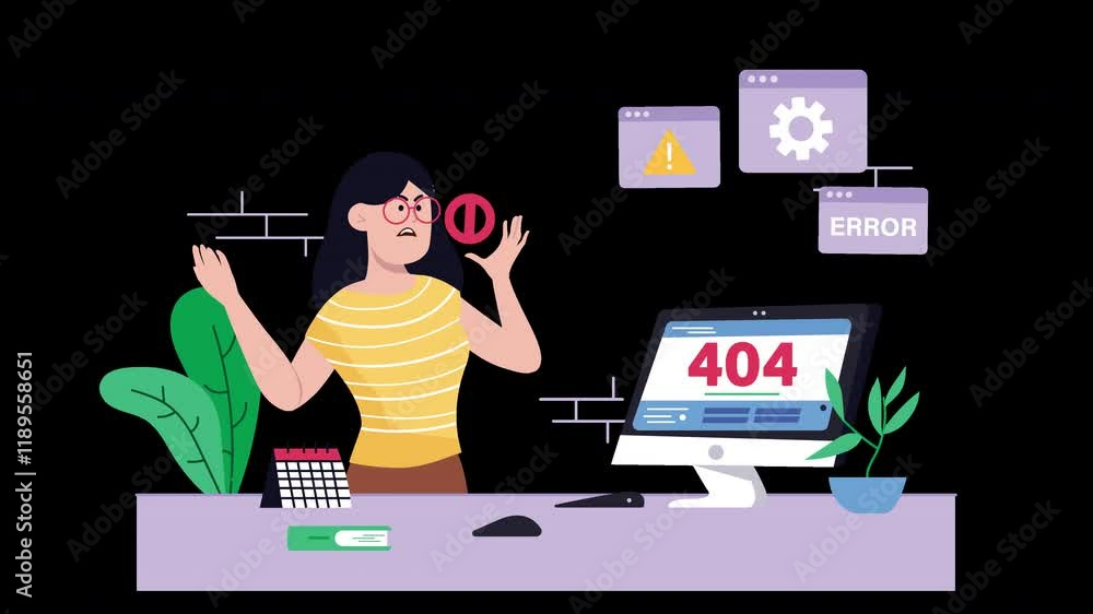 Poster a frustrated woman of unspecified ethnicity facing a computer error while working in a modern office