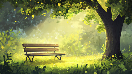 There is a tree with green leaves on it and a bench. Leafglow. Illustration
