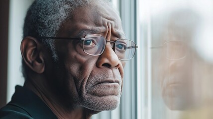 Elderly black man looks sadly out nursing home window. Senior contemplates past. Quiet moment of contemplation in care facility. Aged man vulnerability visible. Photo evokes feelings of loneliness,
