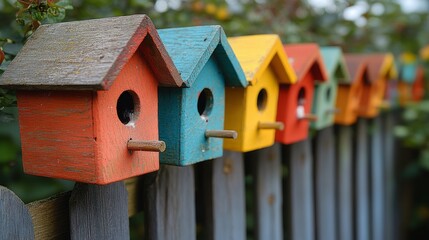 Colorful birdhouses hanging on a wooden railing in a vibrant outdoor setting