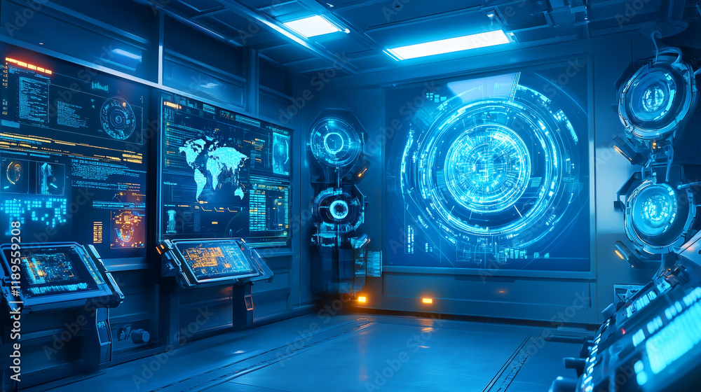 Poster high-tech control room with advanced digital interfaces