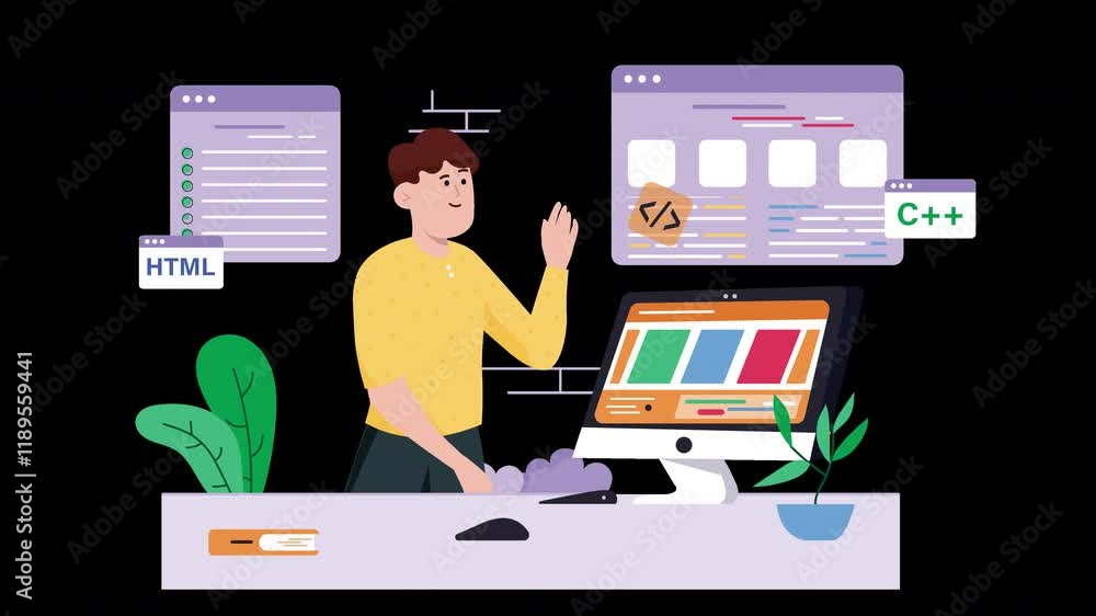 Poster a young european man working on a computer while coding and developing software with programming lan