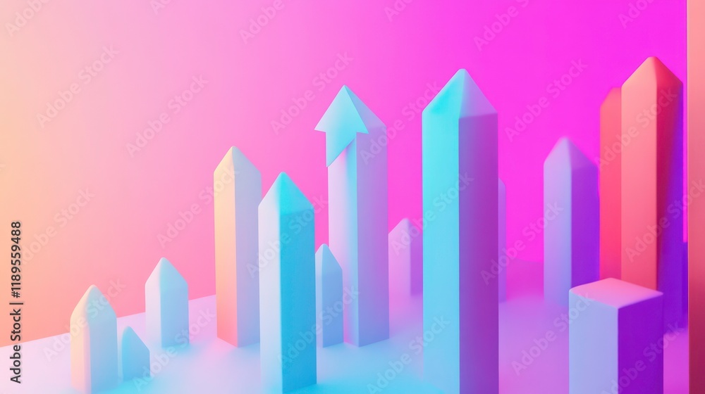 Leinwandbilder Abstract 3D rendering of colorful upward trending arrows and geometric shapes on gradient background.