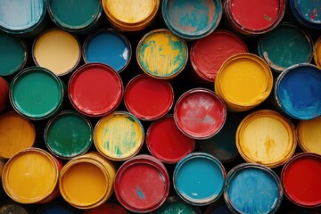 Fototapeta premium Vibrant Pots of Paint. A Collection of Colourful Tins for Home Decorating and Improvement