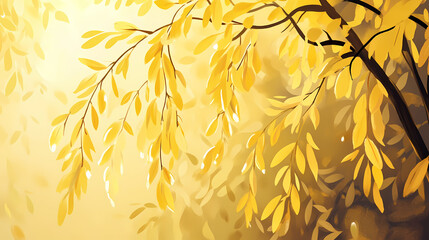 Yellow leaves are hanging from a tree in the sun. Leafglow. Illustration