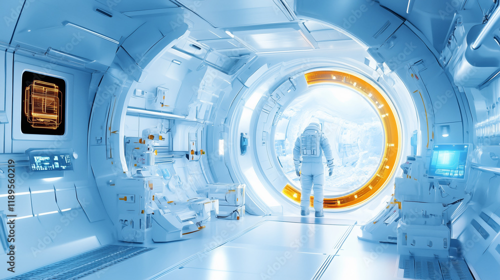 Poster astronaut exploring a futuristic space station environment