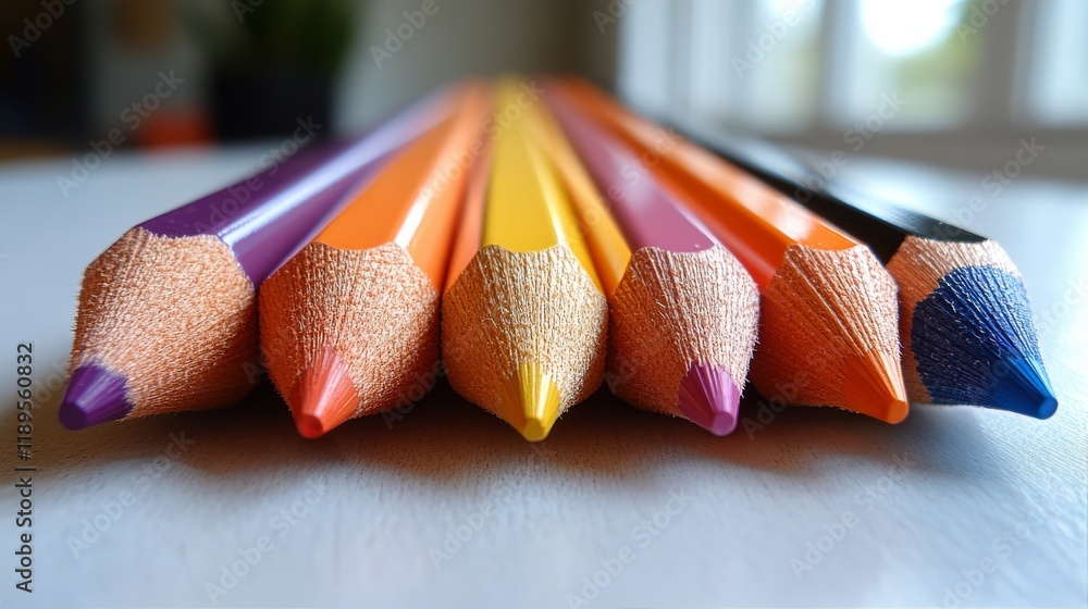 Poster vibrant colored pencils arranged in a neat row on a plain background