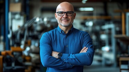 Obraz premium A portrait of an attractive, bald, middle-aged man with glasses, wearing a blue shirt and standing in front of a modern factory interior.